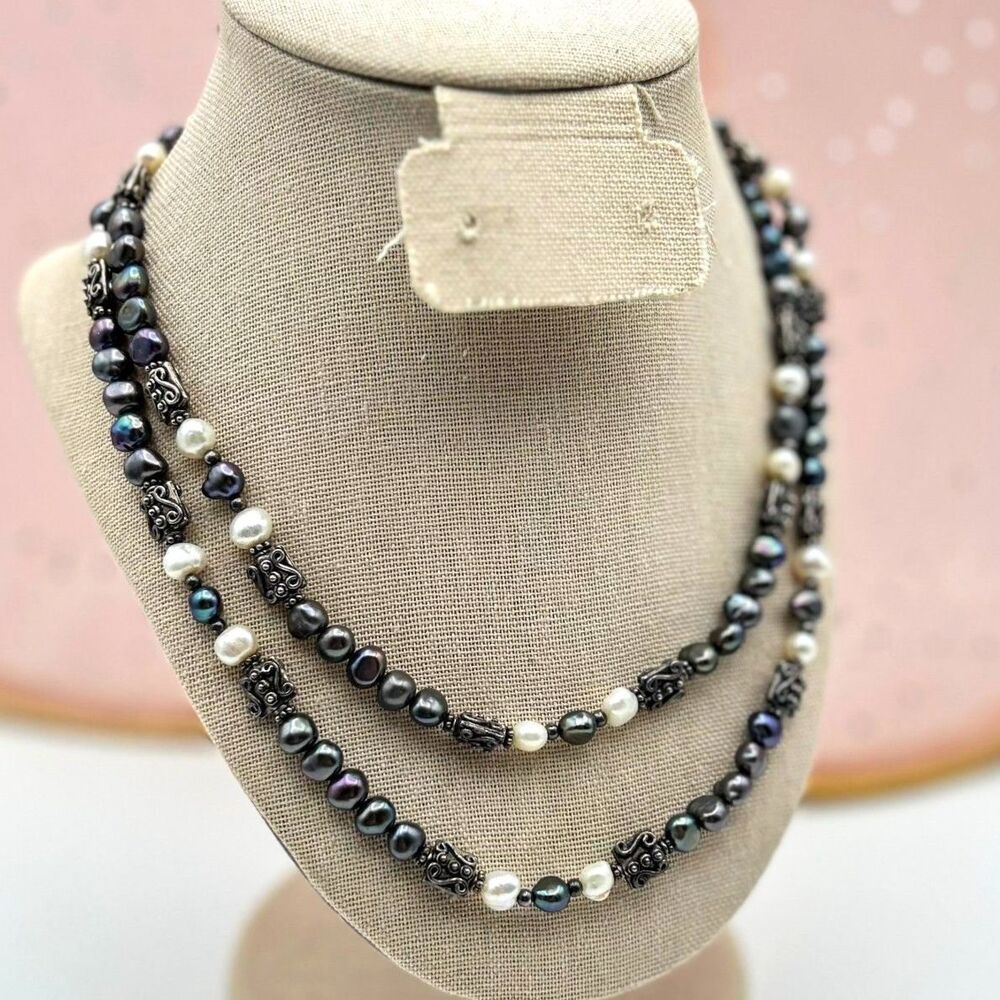 Peacock Freshwater Pearl Sterling Silver 925 Necklace 36in Beaded Statement